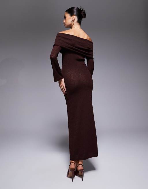 Aria Cove textured boucle bardot foldover maxi sweater dress in chocolate