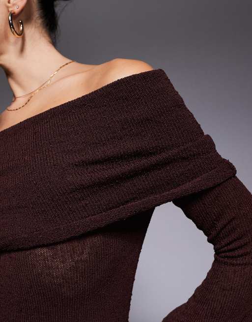 Aria Cove textured boucle bardot foldover maxi sweater dress in chocolate