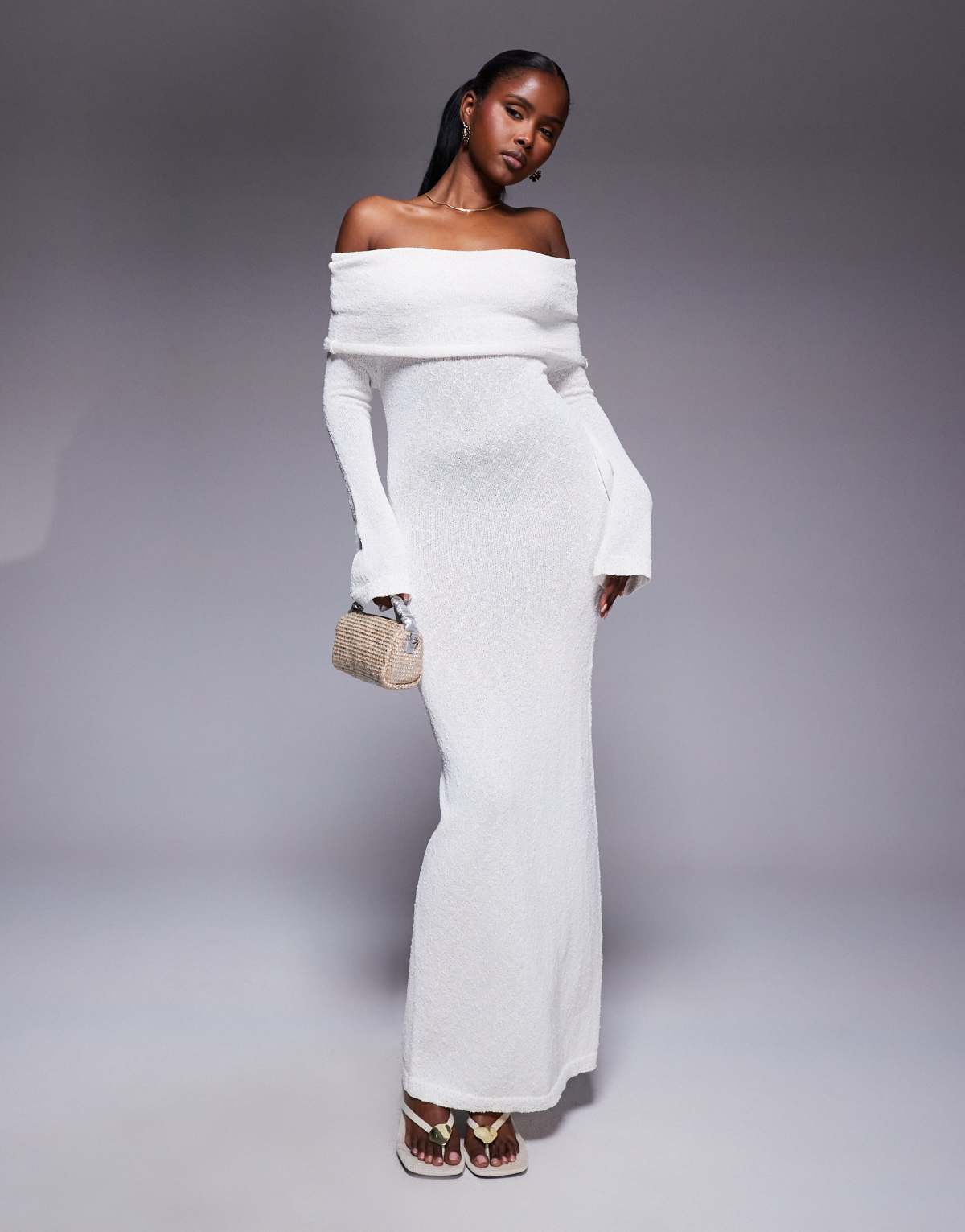 Aria Cove textured boucle knit bardot foldover maxi dress in cream