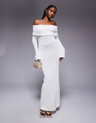 textured boucle knit off the shoulder foldover maxi dress in cream-Blue