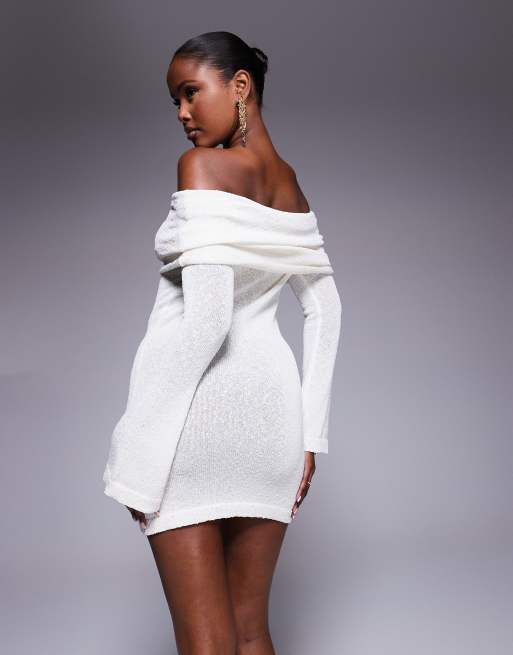 Aria Cove textured boucle knit ruched bardot foldover mini dress in white, 4 of 4