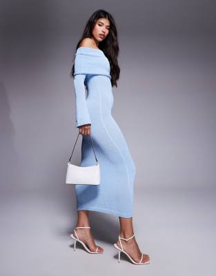 textured boucle ruched bardot fold-over maxi dress in blue-White