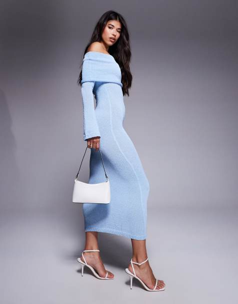 Aria Cove textured boucle ruched bardot foldover maxi dress in blue - view 1