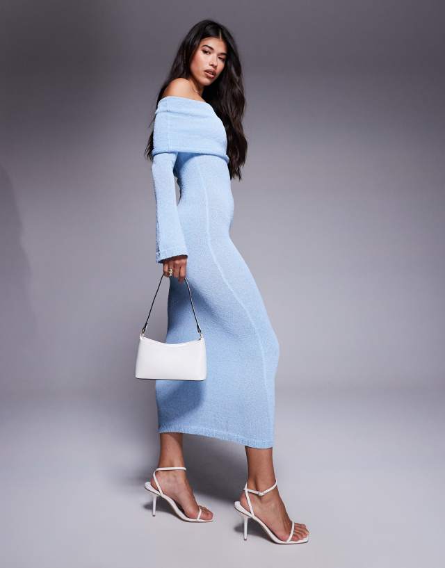 boucle extreme foldover bardot knitted maxi dress Aria Cove textured ruched in blue lady dress for special occasion
