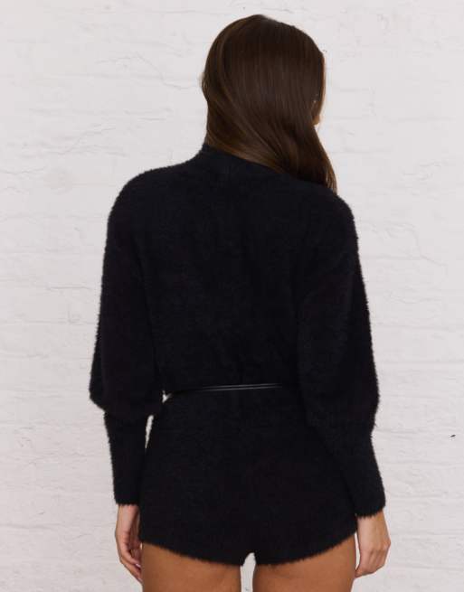 Aria Cove textured fluffy roll neck playsuit in black, 4 of 4