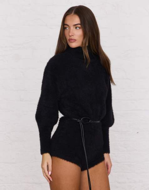 Aria Cove textured fluffy roll neck romper in black - view 1