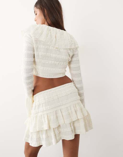 Aria Cove textured frill flare sleeve top co-ord in cream, 5 of 5