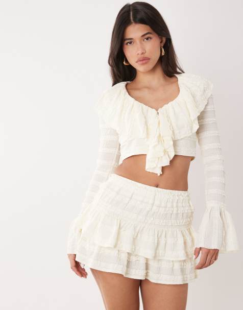 Aria Cove textured frill flare sleeve top in cream - part of a set - view 1