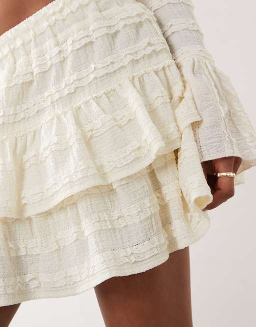 Aria Cove textured frill tiered mini skirt co-ord in cream, 4 of 6