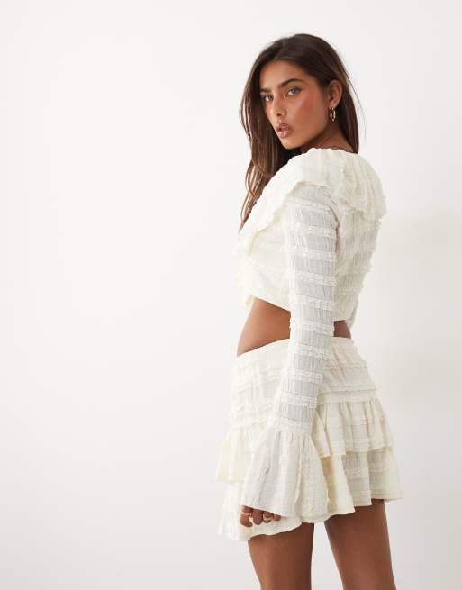 Aria Cove textured frill tiered mini skirt co-ord in cream, 6 of 6