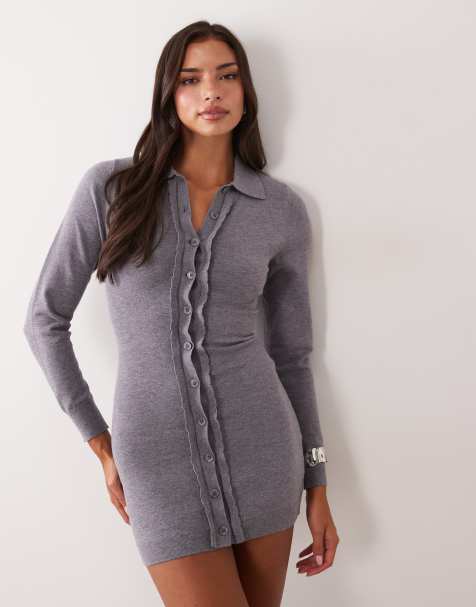 Aria Cove textured knit scallop trim button through mini jumper dress in charcoal