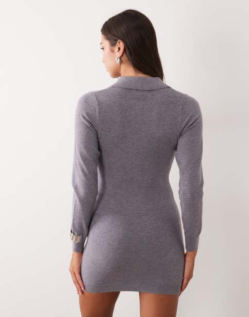 Aria Cove textured knit scallop trim button through mini sweater dress in charcoal, 4 of 4