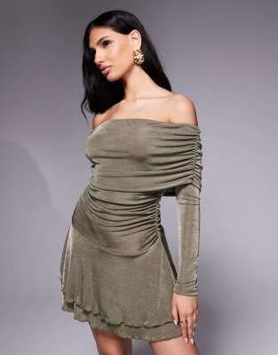 Aria Cove Aria Cove textured slinky deep bardot ruffle hem mini dress in khaki-Green