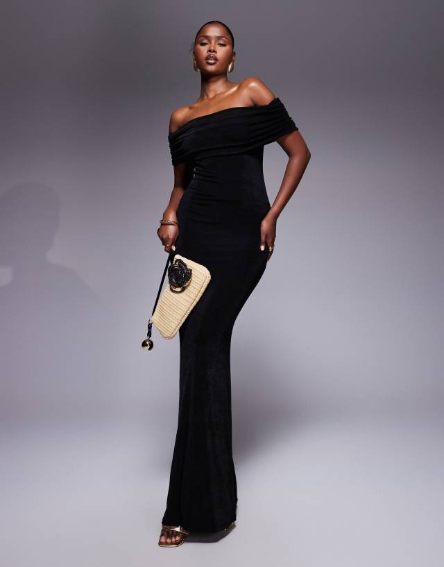 bardot ruched bum twisted detail maxi dress in black Aria Cove textured slinky bodycon sweeping maxi length creates Asymmetric dress GWENDOLYN CUTOUT MAXI DRESS Color:LightYellow