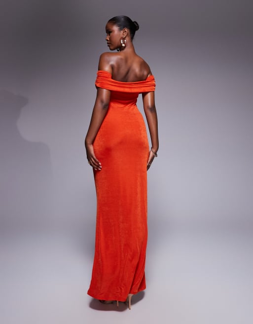 Aria Cove textured slinky ruched bardot bodycon maxi dress in orange