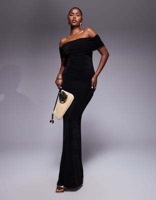 textured slinky ruched off the shoulder bodycon maxi dress in black