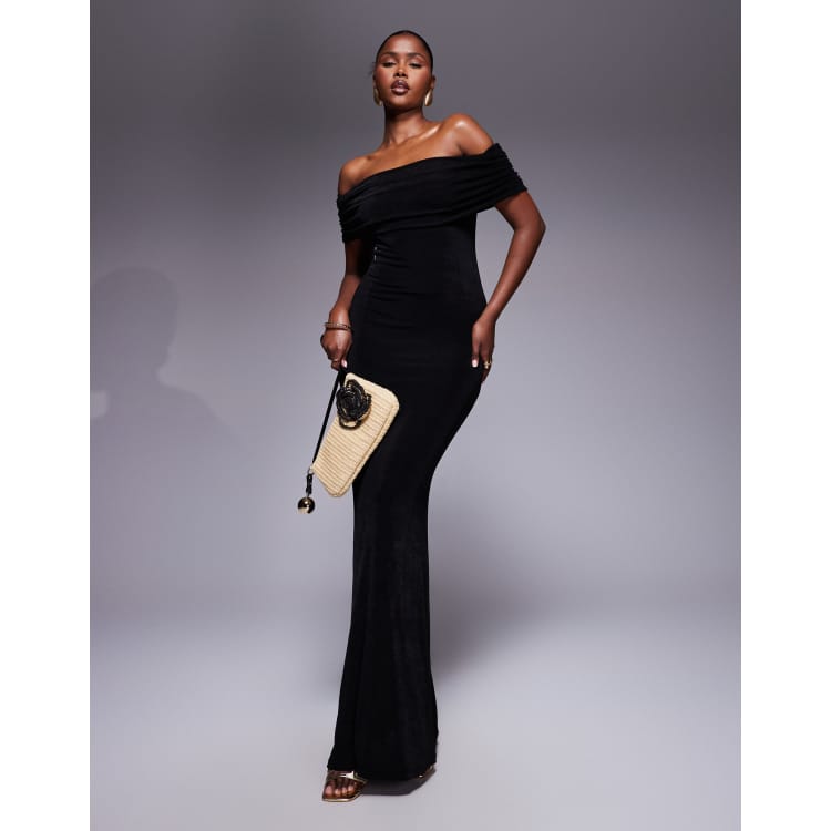 Aria Cove textured slinky ruched off the shoulder bodycon maxi dress in  black | ASOS