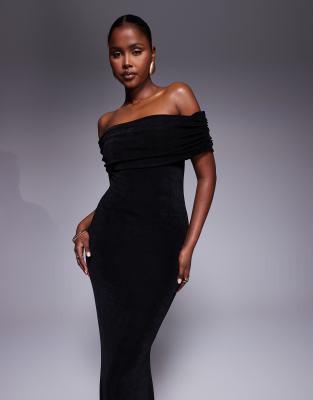 Aria Cove Textured Slinky Ruched Off The Shoulder Bodycon Maxi Dress