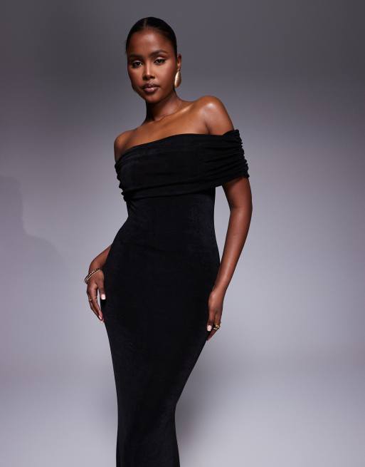 Aria Cove textured slinky ruched off the shoulder bodycon maxi dress in black