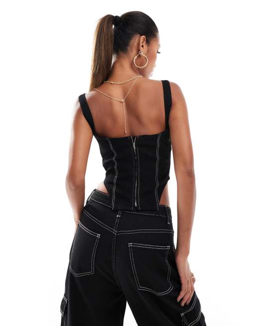 Aria Cove - Top corset d'ensemble en jean à coutures contrastantes - Noir, 2 de 4