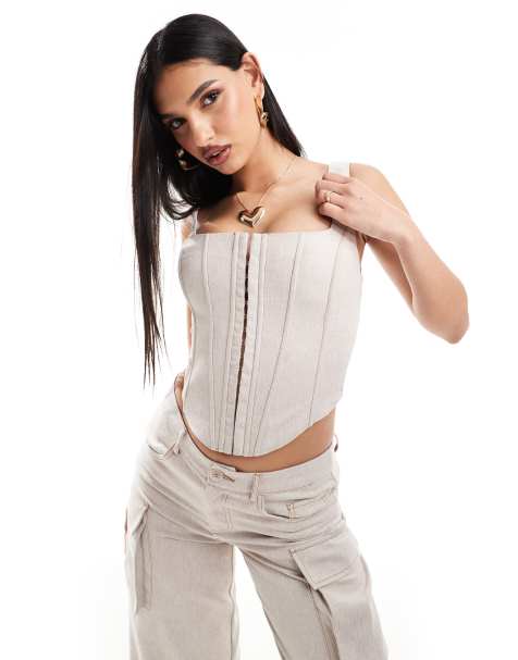 Aria Cove - Top stile corsetto effetto denim color panna in coordinato - view 1