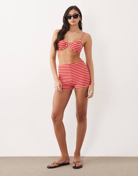 Aria Cove towelling cupped bikini top, bikini bottoms and mini shorts co-ord in pink & red stripe - view 1