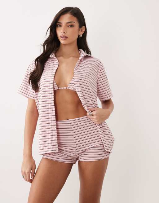 Aria Cove towelling mini beach shorts co-ord in pink stripe, 3 of 6