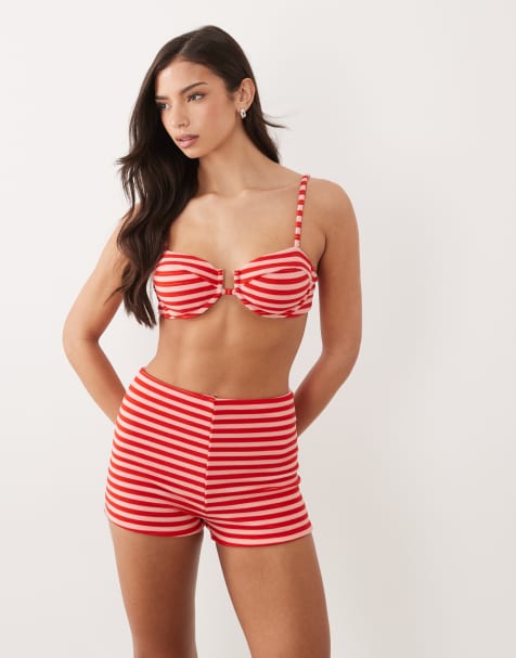 Aria Cove towelling mini shorts co-ord in pink & red stripe - view 1