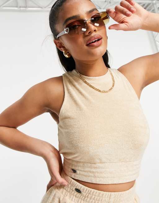 Aria Cove towelling sleeveless crop top co ord in oatmeal, 3 of 4