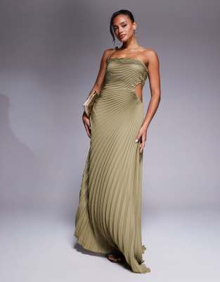 Aria Cove - Trägerloses, plissiertes Maxikleid in Olivgrün mit seitlichem Cut-out-Design-Silber