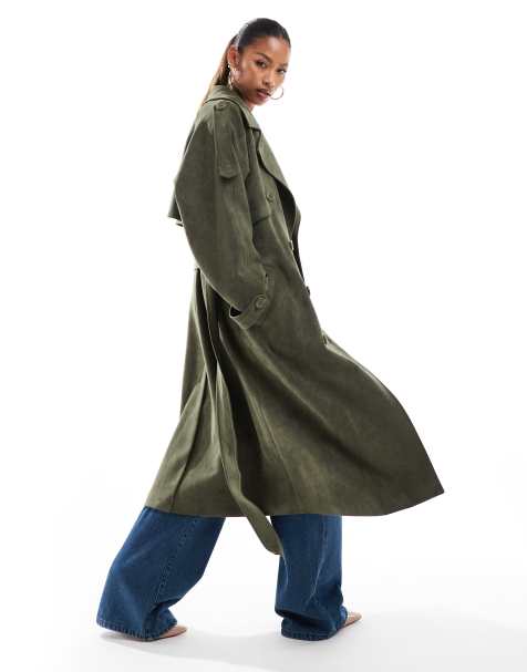 Aria Cove - Trenchcoat van imitatiesuède met riem in kaki - view 1