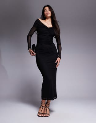 twist front off the shoulder mesh maxi dress in black-White