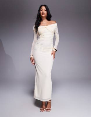 twist front off the shoulder mesh maxi dress in cream-White