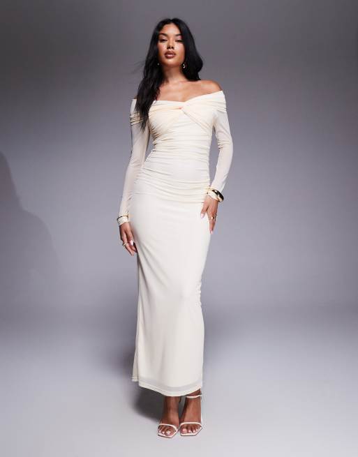 Aria Cove twist front off the shoulder mesh maxi dress in cream