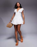 [Aria Cove] Aria Cove v-neck shirred waist ruffle hem mini beach dress in white 8 WHITE