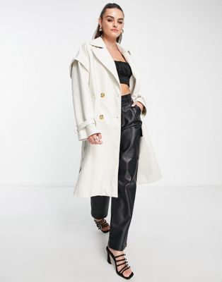 Aria Cove vegan leather drop shoulder trench coat in cream-White