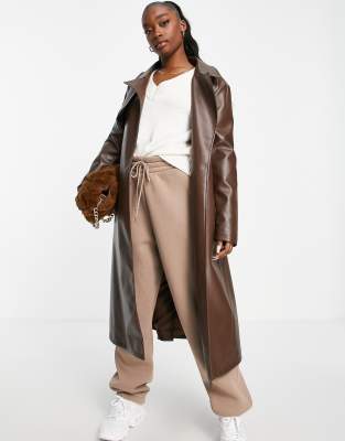 Aria Cove vegan leather trench coat in chocolate-Brown