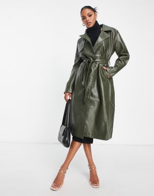 BERSHKA BLACK FAUX Leather Belted Borg Croc Patent Vinyl Trench