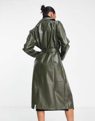 Aria Cove vegan leather trench coat in khaki