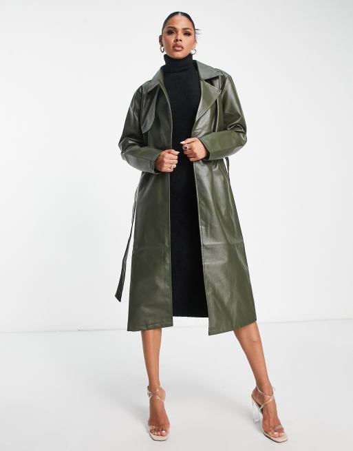 Aria Cove vegan leather trench coat in khaki