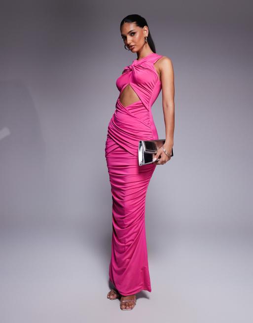 Aria Cove – Verführerisches, hochgeschlossenes, doppellagiges Maxikleid in Rosa ohne Ärmel mit geschmeidiger Haptik und Zierausschnitt