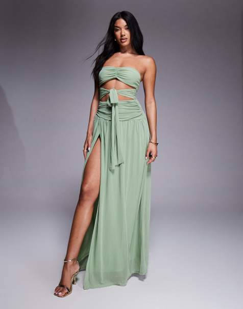 Aria Cove - Vestito lungo a fascia allacciato in vita in tessuto a rete color salvia con spacco sulla coscia e cut-out - view 1