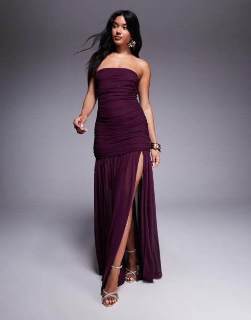Aria Cove - Vestito lungo a fascia in rete color vino arricciato con spacco laterale