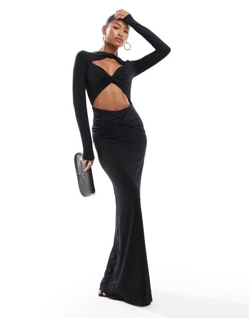 Aria Cove - Vestito lungo a maniche lunghe nero sinuoso accollato con cut-out