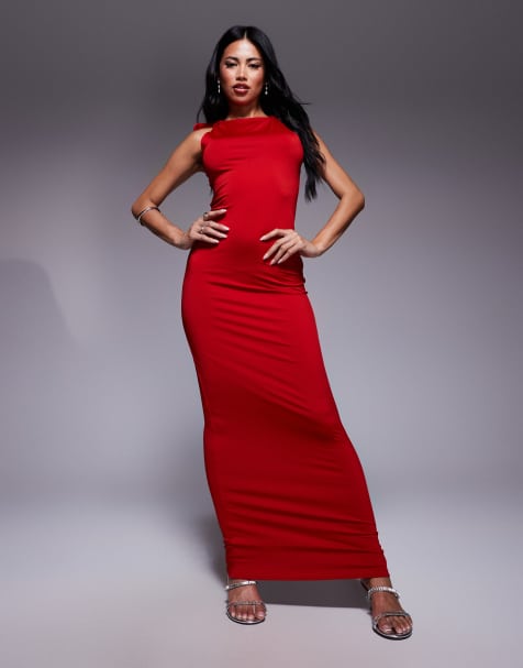 Aria Cove - Vestito lungo fasciante rosso in tessuto doppio modellante con spalle allacciate - view 1