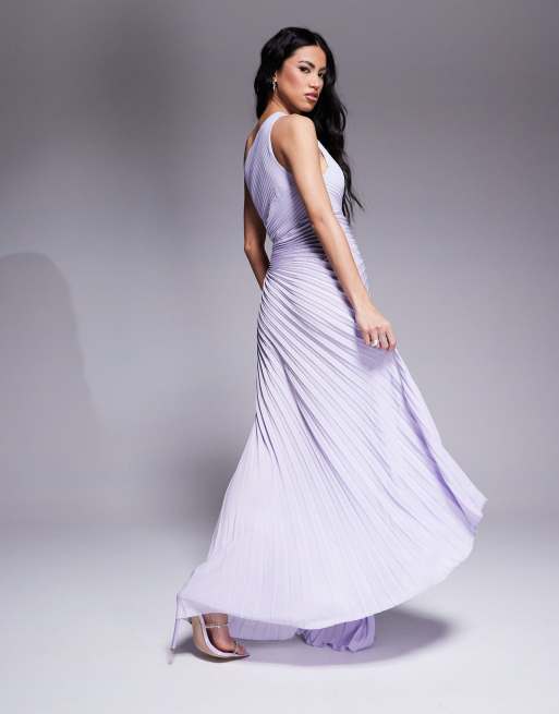 Aria Cove - Vestito lungo monospalla lilla tenue a pieghe con cut-out, 2 di 4