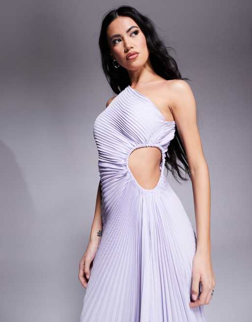 Aria Cove - Vestito lungo monospalla lilla tenue a pieghe con cut-out, 3 di 4