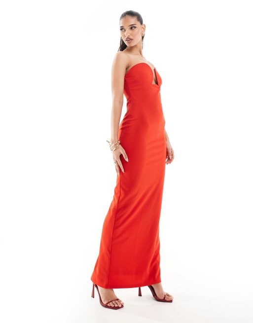 Aria Cove - Vestito lungo rosso a fascia con scollatura profonda con ferretto