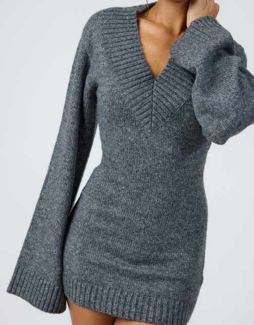 Aria Cove - Vestito maglia corto antracite con scollo a V e maniche ampie, 2 di 4