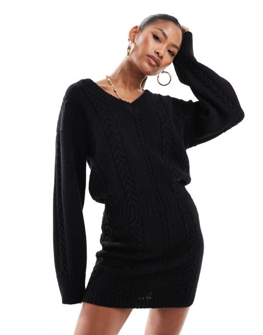 Aria Cove - Vestito maglia corto lavorato a trecce nero con scollo a V